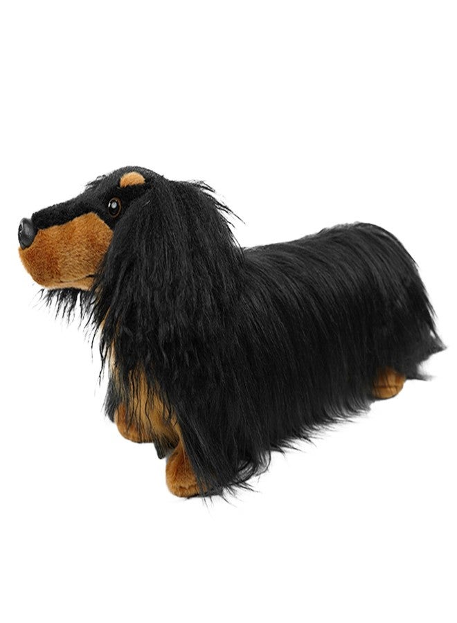 JUSTQUNSEEN 17" Dachshund Stuffed Animal Dog Plush Toy Standing Black Tan Wiener Realistic Long Haired with Fluffy Curly Fur Lifelike Sausage Doxie Puppy Gifts for Kids Decor Dog Lover Non-Vacuumed Gift Ready - Image 1