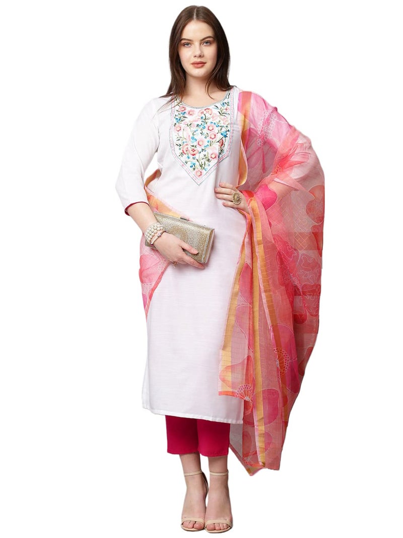ANNI DESIGNER Women's Cotton Blend Solid Straight Kurta with Pant & with Dupatta (Chora WP_White_XXL_White_XX-Large) - Image 1