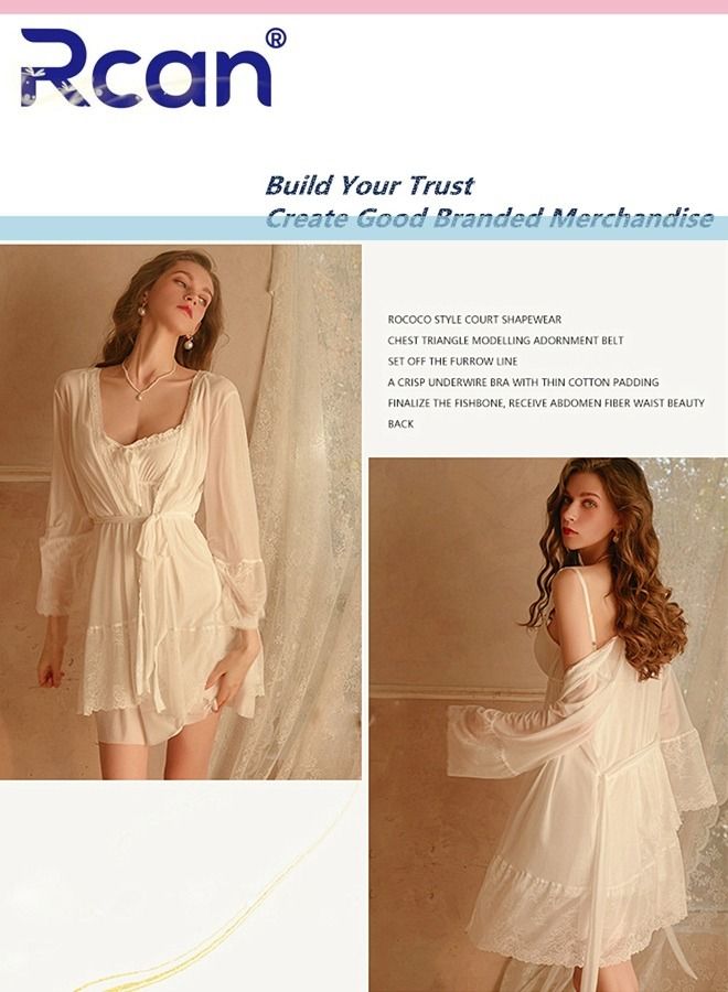Rcan 2 Pieces Women's Fashionable French Vintage Print Pajamas with Chest Pad V Neck Suspender Dress Soft Mesh Sleepwear Nightdress Loungewear Skirt and Robe Set Plus Size - Image 2