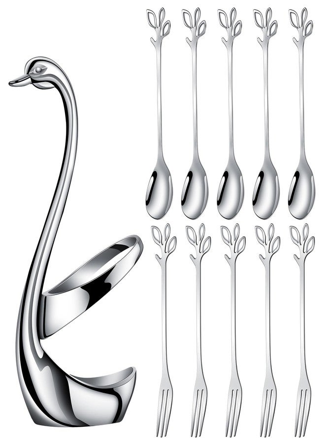 AnSaw Silver Swan Base Holder Set with 10 Pcs 4.7" Mini Leaf Teaspoons & Dessert Forks - Perfect for Appetizers,Salads,Cakes,Fruits,Cocktails,Tea,Espresso - Beautify Your Charcuterie Board Layout - Image 1