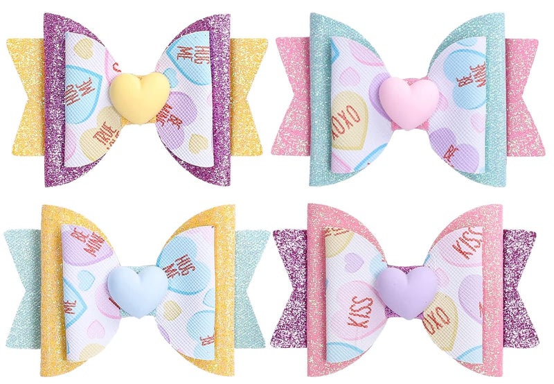Whaline 4Pcs Valentines Day Hair Bow Clips Colorful Candy Heart Hairgrips Glitter Leather Hair Barrettes Sparkly Alligator Hair Pins for Girls Toddlers Teens Wedding Birthday Party Hair Accessories