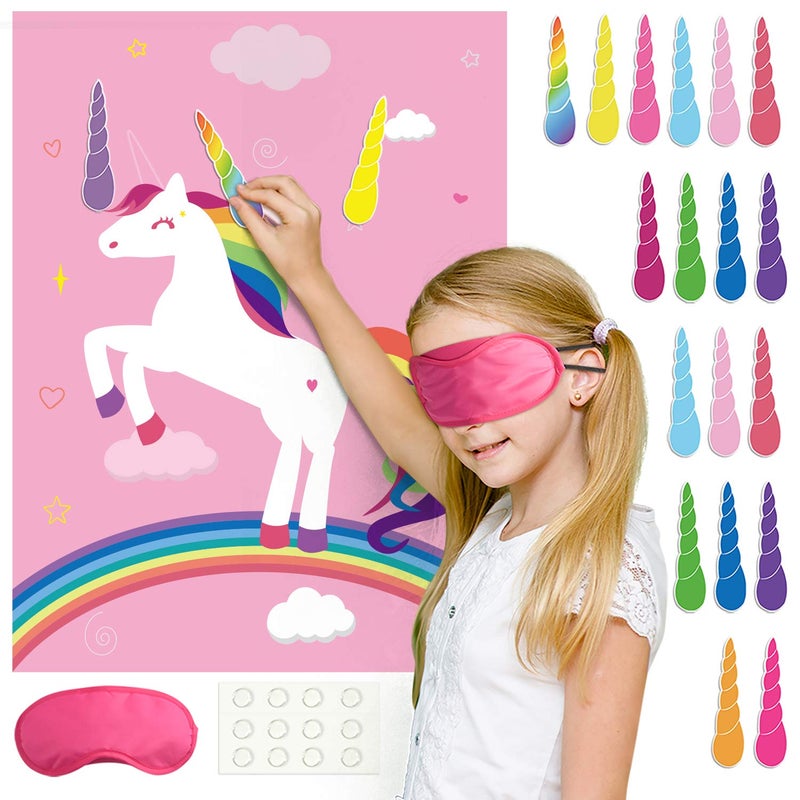 FEPITO Birthday Party Game for Kids Pin The Horn on Unicorn-Game Poster with 24 Horn Stickers Pin The Tail Game for Girl Unicorn-Birthday Favors Supplies Wall Home Room Decorations - Image 1