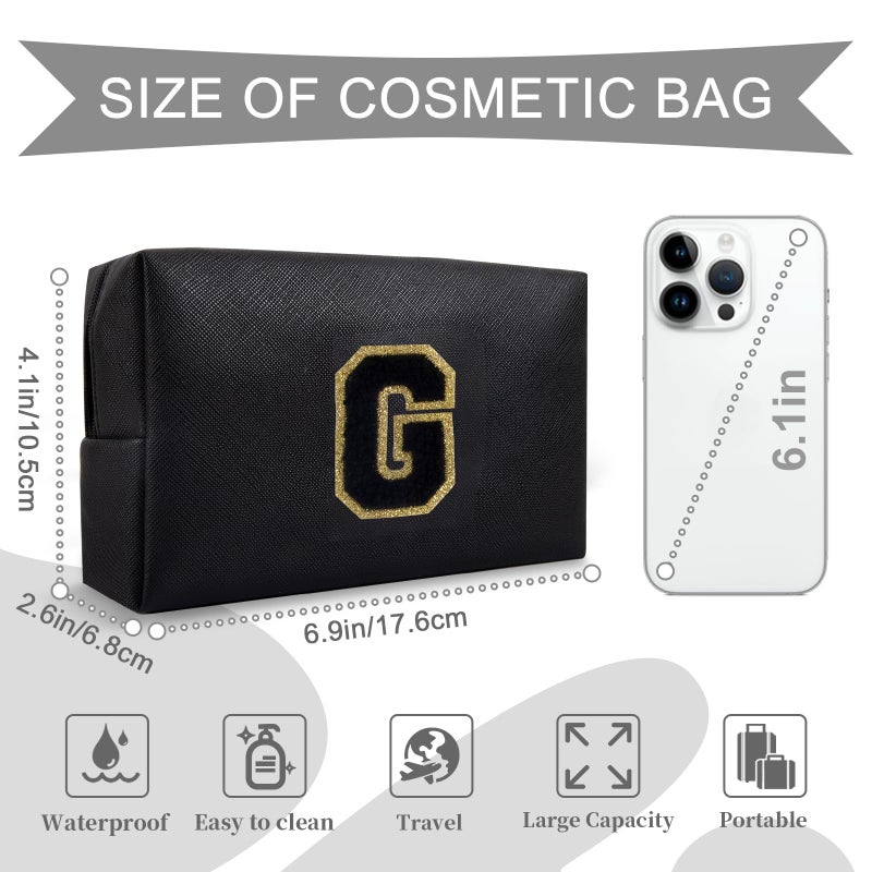 ChaoGreat حقيبة مكياج أولية مخصصة من A-Z Preppy Patch حقيبة مستحضرات تجميل صغيرة على شكل حرف Pu Chenille مع سحاب للفتيات المراهقات، حقيبة سوداء لطيفة لتنظيم أدوات الزينة، حقيبة مكياج هدية للنساء والفتيات، حرف G - Image 2