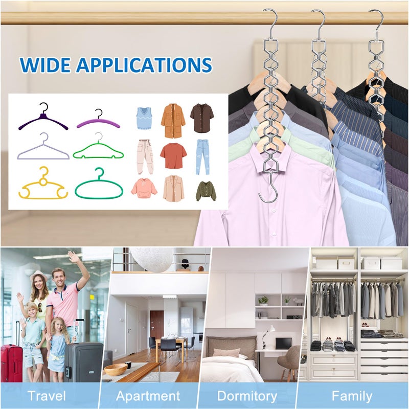 Besslly 6 Pack Space Saving Hangers for Clothes, Heavy Duty 30Lbs Capacity Magic Clothes Space Saver Sturdy Metal Hanger Organizer with 360Â° Swivel Hook, Closet Organizers Storage Dorm Essentials Silver - Image 3