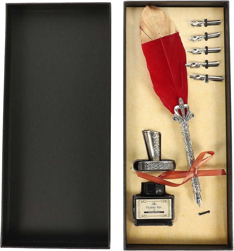 PRETYZOOM Vintage Quill Writing Set with Carved Nib Holder, Burgundy Metal Nib, Retro Calligraphy for Writing, Practice, and Business Use - Image 1