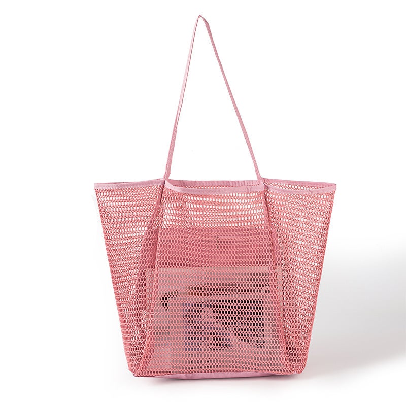 Multi-functional Casual Large Shoulder Shopping Bag Outdoor Swimming Beach Bag Breathable Visual Mesh Tote Bag Storage Bag Pink 