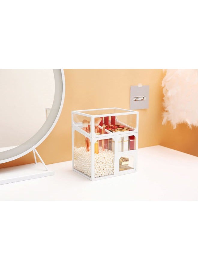 MOOCHI White Vintage Glass Cosmetic Multifunctional Makeup Organizer with Pearls Dustproof Cosmetics Storage Display Case For Brushes Lipsticks - Image 3