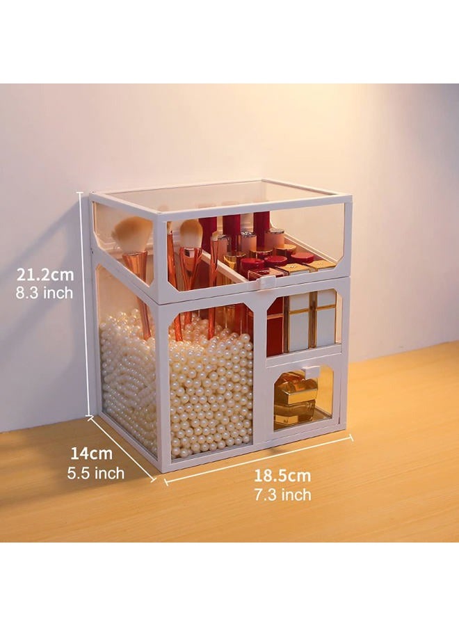 MOOCHI White Vintage Glass Cosmetic Multifunctional Makeup Organizer with Pearls Dustproof Cosmetics Storage Display Case For Brushes Lipsticks - Image 2
