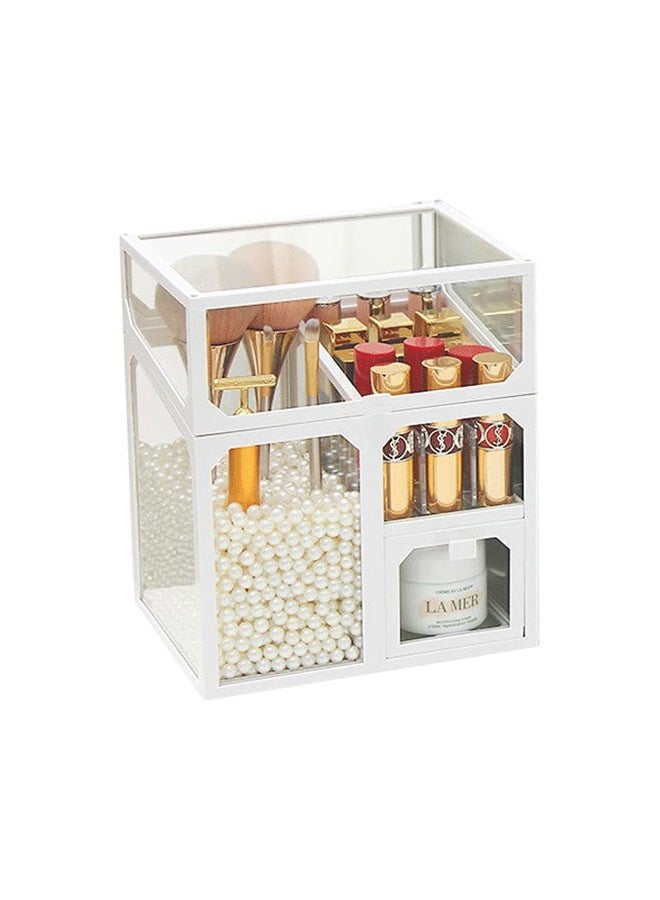 MOOCHI White Vintage Glass Cosmetic Multifunctional Makeup Organizer with Pearls Dustproof Cosmetics Storage Display Case For Brushes Lipsticks - Image 1
