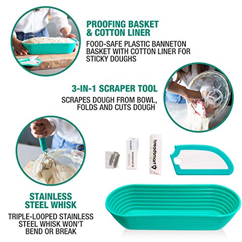 Breadsmart Artisan Bread Making Kit - 5PC Sourdough Bread Baking Supplies Set - Lame, Scraper, Whisk, Banneton Bread Proofing Basket & Cotton Liner - Image 3