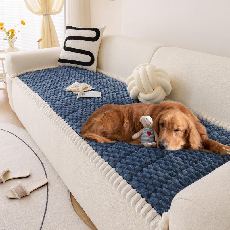 HANDONTIME Pet Couch Cover Fuzzy Sofa Covers for Pets, Couch Covers for Dogs, Washable Dog Sofa Cover Protector, Jacquard Fuzzy Non Slip Cushion Slipcover Pet Friendly (Navy, 27.6" x 70.9") - Image 1
