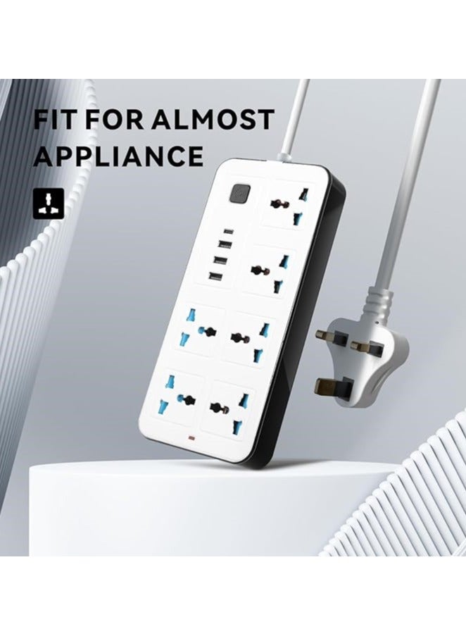 UK Plug 3 Pin Socket Outlet with 6 Gang | 3 USB Port | 1 Type-C Port, 1.8M Electric Socket Mains Strip for Home, Kitchen, and Office (White) Lead with Multiple  Function  - Image 3