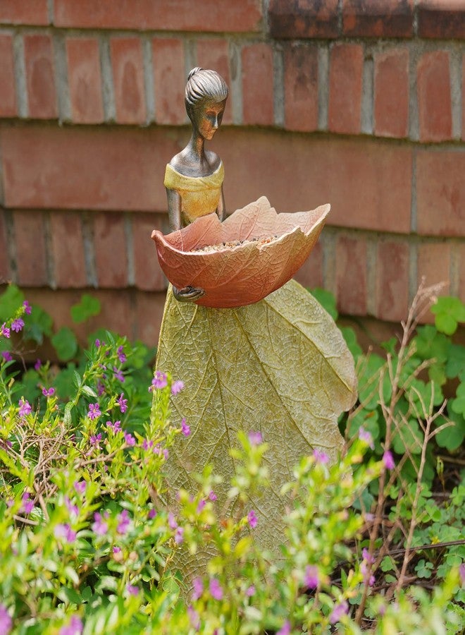 DiliComing Fairy Garden Statue Bird Feeder - 12 Inch Fairy Statue for Home Decoration, Resin Outdoor Statues for Garden Decoration, Best Bird Feeder Garden Gift for Women 12 x 7.5 x 5 Inch(Yellow) - Image 3