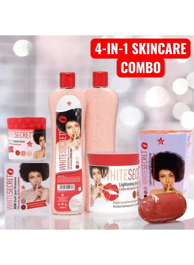 White Secret 4-Piece Skincare Combo Set – Lightening Body Cream, Dark Spot Remover, Exfoliating Shower Gel & Lightening Face & Body Soap - Image 1