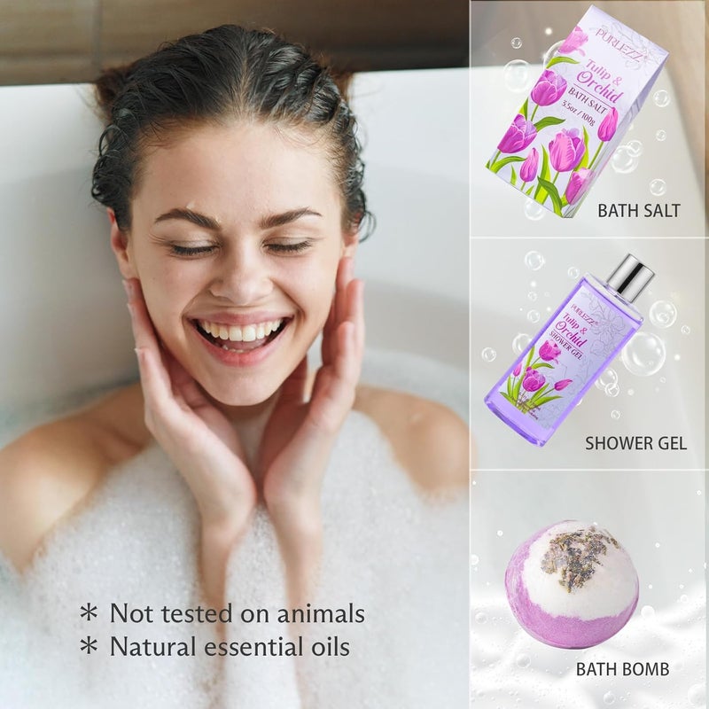 PURLEZZ Spa Gift Basket Mothers Day Gift for Mom 8 Pcs Tulip scents Bath Body Gift Set for Women Spa Gift Kit Birthday Gifts Self Care Pampering Gifts for Her All Occasion Holiday Present - Image 3