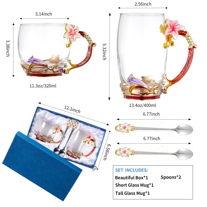 DUMVOIN Tea Cup Glass Coffee Mugs,Fancy Tea Cup Set Birthday Christmas Valentine's Day Gift Idea for Tea Lover and Women Novelty Coffee Mugs Lily Flower Enamel Tea Cup with Spoon - Image 2