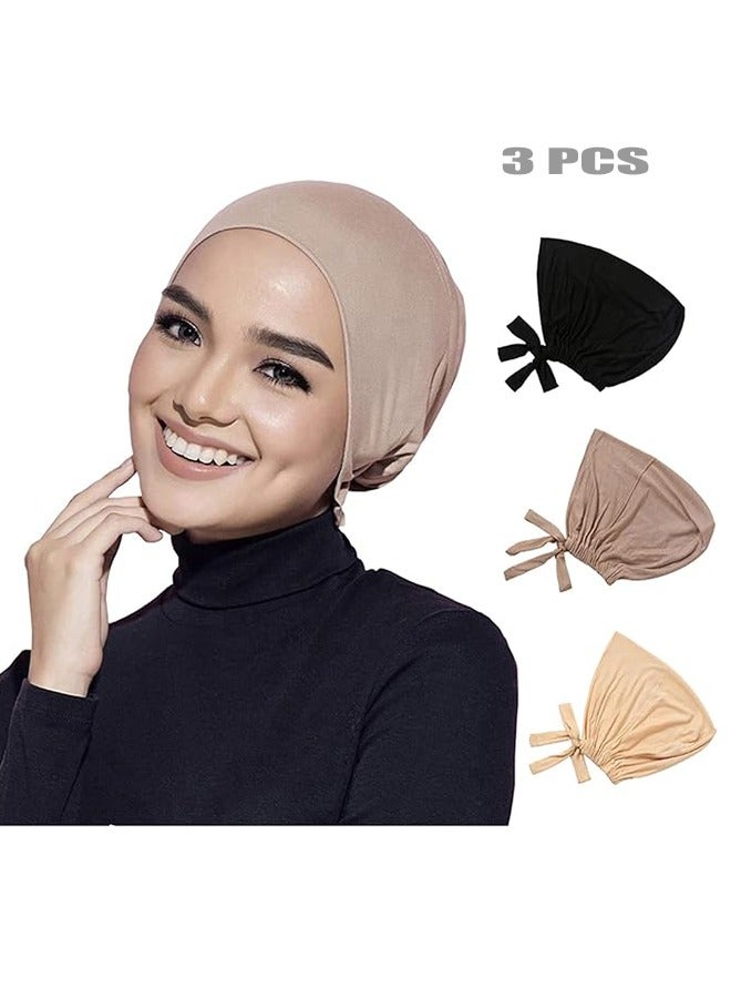 3 Pcs Women Under Scarf Hat Hijab Cap Islamic Muslim Under Scarf Hijab Cap with Tie-Back Closure - Image 1