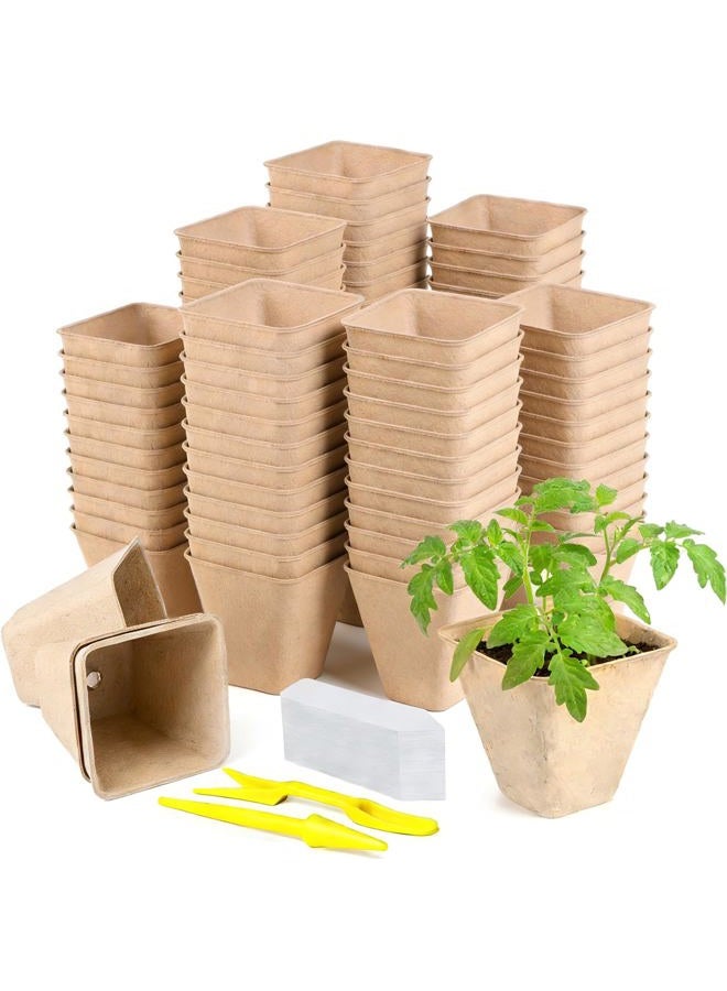 Doubleggs 70-Pack 3.15 inch Square Peat Pots for Seedlings with Drainage Holes, Nursery Pots with 100 Labels for Plants - Image 1