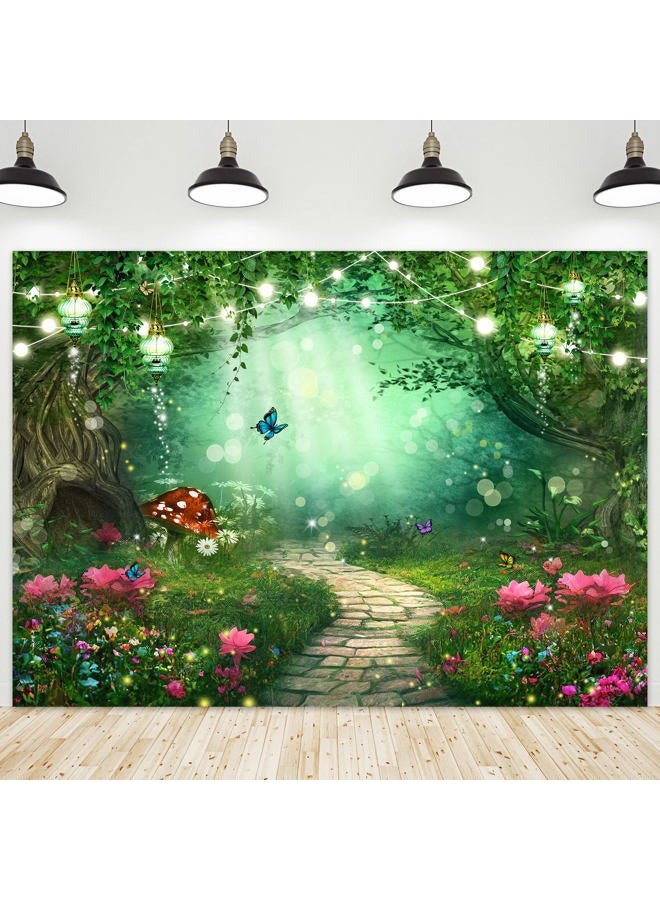 Riyidecor Enchanted Fairy Backdrop Fabric Spring Magic Garden Banner Wonderland Butterfly Wildflower 7Wx5H Feet Tree Woodland Photography Background Birthday Baby Shower Photo Studio Shoot - Image 1
