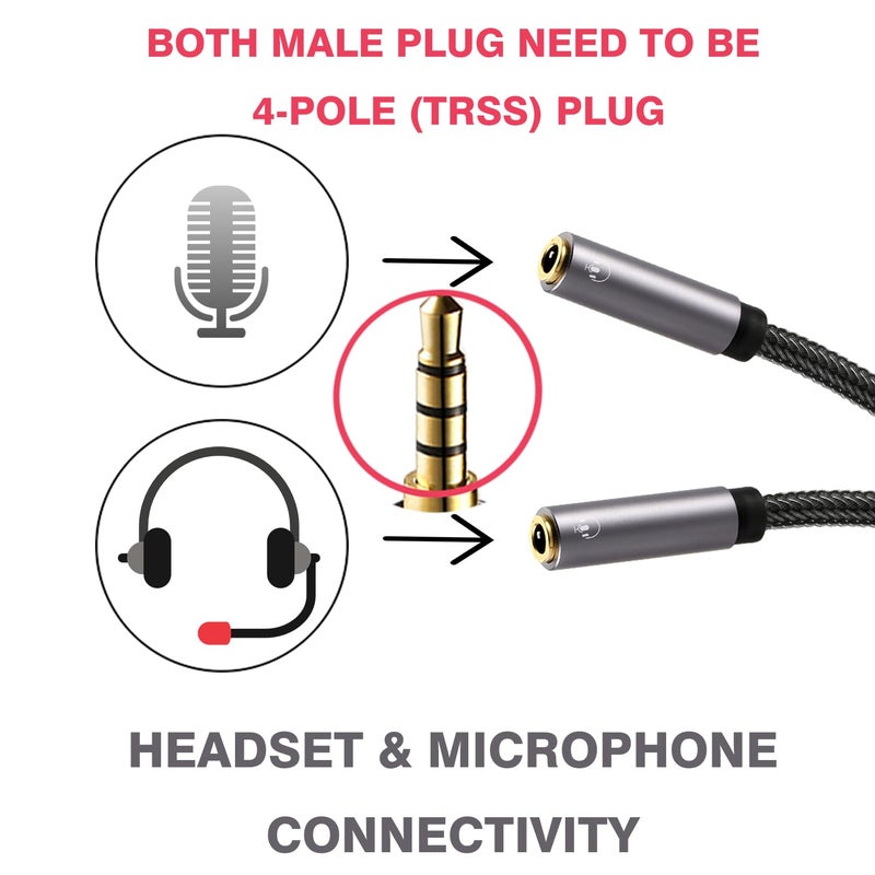 DUKABEL Long Headphone Splitter (4ft / 1.2m) Shielded 4-Pole TRRS 3.5 Y Splitter Cable 2-Way Female to Male Headphone Adapter Stereo Audio / Crystal-Nylon Braided / 24K Gold Plated / 99.99% 4N OFC - Image 3