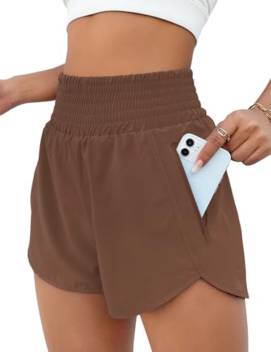 BMJL Womens Athletic Shorts High Waisted Running Short Pocket 25 Sporty Shorts Gym Elastic Workout ShortsLBrown2 - Image 1