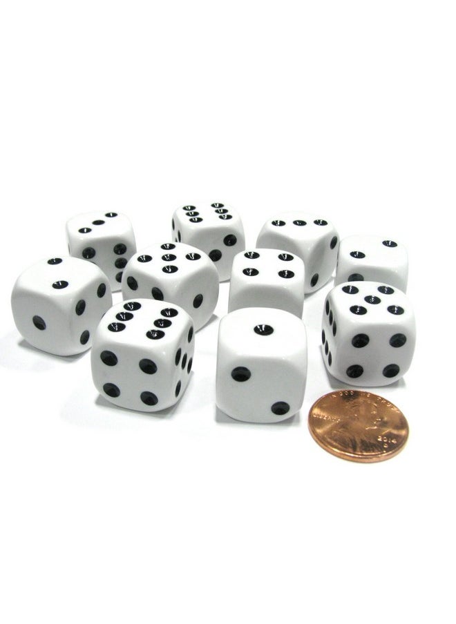 Koplow Games Set of 10 Six Sided Round Corner Opaque 16mm D6 Dice - White with Black Pip