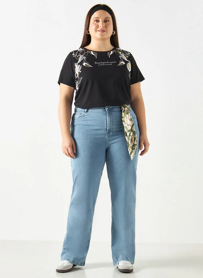 Ulla Popken Plus Size Ulla Popken Slogan Print T-shirt with Short Sleeves and Crew Neck