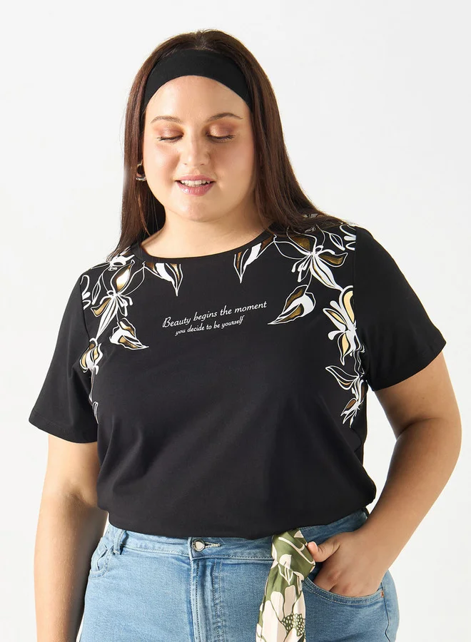 Ulla Popken Plus Size Ulla Popken Slogan Print T-shirt with Short Sleeves and Crew Neck