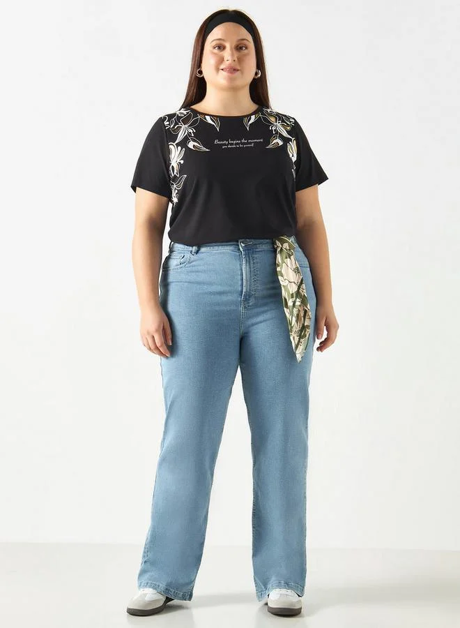 Ulla Popken Plus Size Ulla Popken Slogan Print T-shirt with Short Sleeves and Crew Neck
