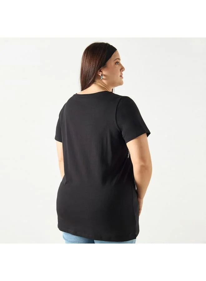 Ulla Popken Plus Size Ulla Popken Slogan Print T-shirt with Short Sleeves and Crew Neck