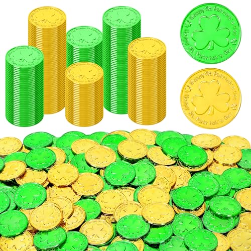 Fullive 120 PCS St Patricks Day Decorations 14 in Shamrock St Patricks Day Coins Gold Green Lucky Coins Fake Coins Plastic Coins St Patricks Day Gold Coins Shamrock Decoration St Patricks Day Party Favor - Image 1
