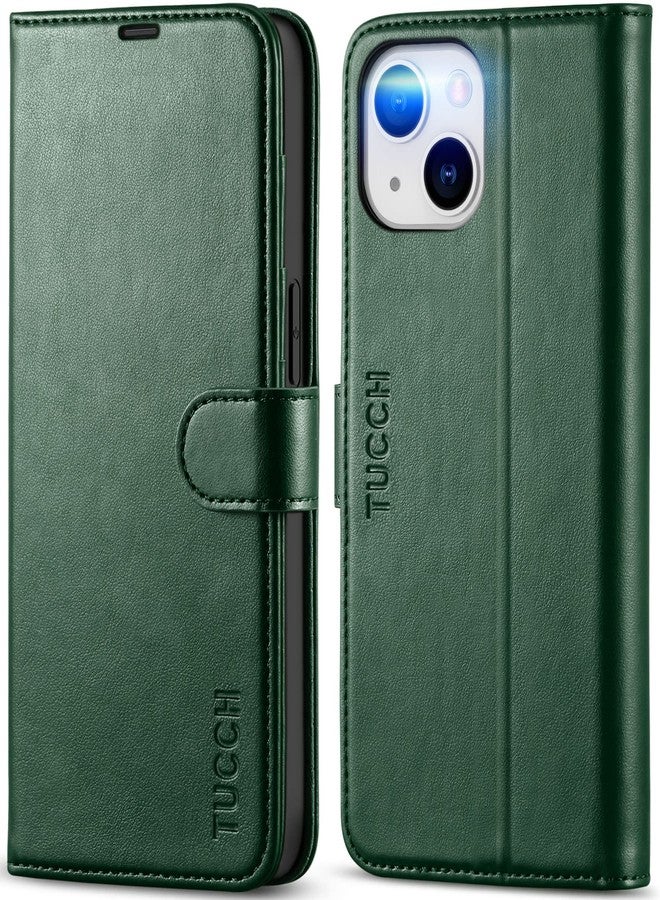 TUCCH Wallet Case for iPhone 14,[RFID Blocking] 4 Card Holder Stand PU Leather Magnetic Protective Flip Cover Compatible with iPhone 14 6.1" 2022（Midnight Green) - Image 1
