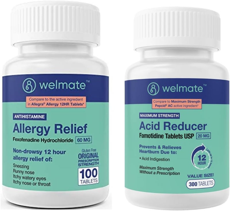 WELMATE Allergy  Heartburn Relief Bundle  Fexofenadine 60mg  Famotidine 20mg  NonDrowsy  12 Hour Support  100  300 Tablets