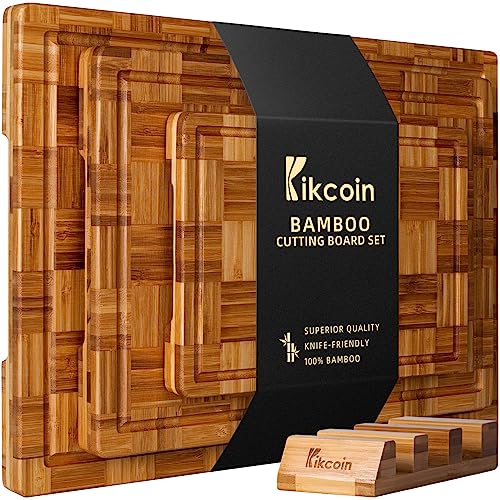 Extra Large Bamboo Cutting Boards Set of 3 Chopping Boards with Juice Groove Bamboo Wood Cutting Board Set Butcher Block for Kitchen End Grain Serving Tray by Kikcoin