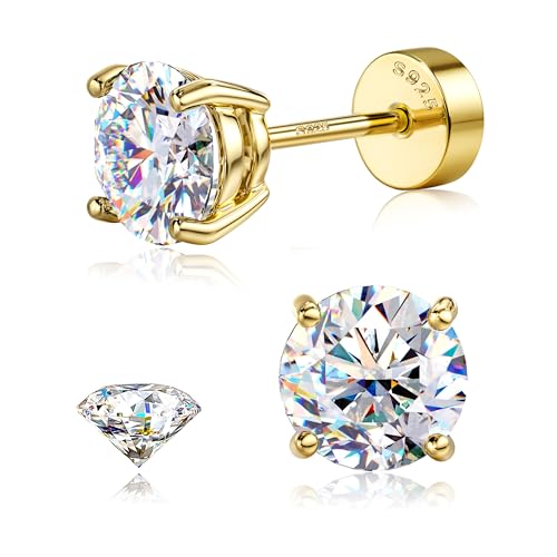 GEMQUEEN Moissanite Earrings 14K Gold Plated 925 Sterling Silver Flat Back Earring for Women Men - Cartilage Helix Piercing Jewelry Big Stud 2CT D Color Lab Created Hypoallergenic - Image 1