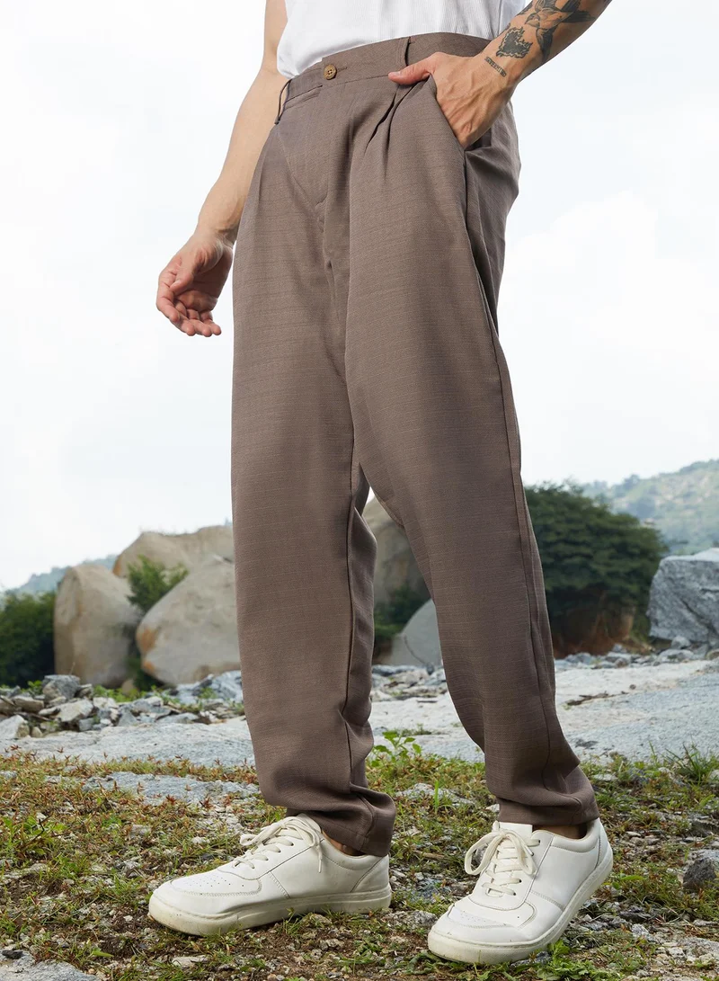 Campus Sutra Men's Ash Brown Korean Tailored Trousers For Casual Wear | Regular Fit | Low-Rise | Button Closure | Trousers Crafted With Comfort Fit For Everyday Wear