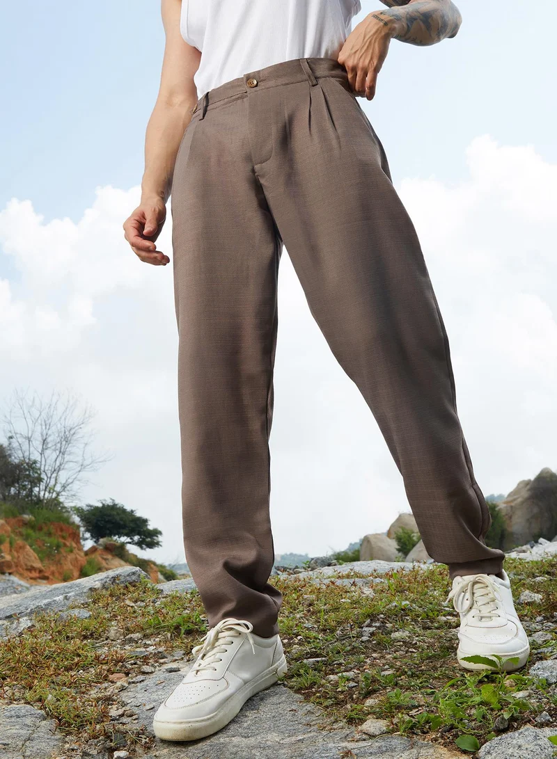 Campus Sutra Men's Ash Brown Korean Tailored Trousers For Casual Wear | Regular Fit | Low-Rise | Button Closure | Trousers Crafted With Comfort Fit For Everyday Wear