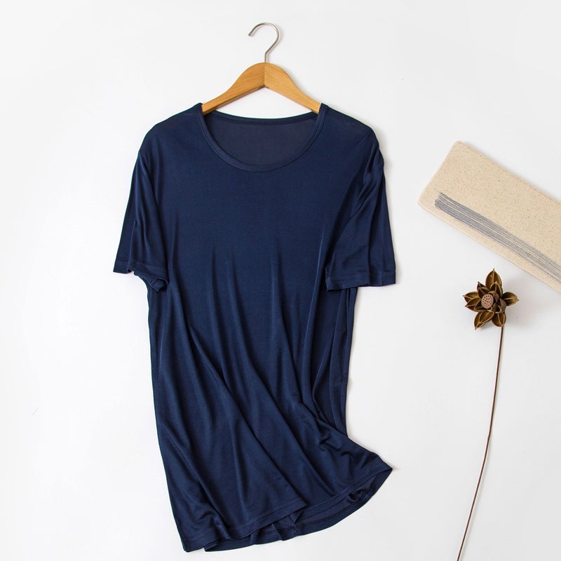 Solid Color Silk Knitted Crewneck T-Shirt Large Size Loose Mulberry Silk Short Sleeve Crewneck T-Shirt Men'S Summer - Image 1