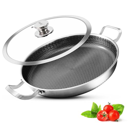 Vinchef 13 Inch Paella Pan, Stainless Steel with Lid, Honeycomb Nonstick Coating, Oven Safe, Dishwasher Safe, Induction, Gas, Electric Stove Compatible - Image 1