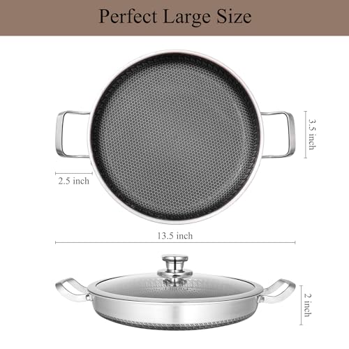 Vinchef 13 Inch Paella Pan, Stainless Steel with Lid, Honeycomb Nonstick Coating, Oven Safe, Dishwasher Safe, Induction, Gas, Electric Stove Compatible - Image 3