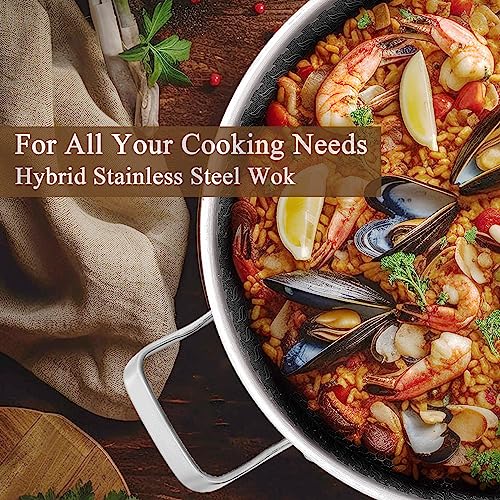 Vinchef 13 Inch Paella Pan, Stainless Steel with Lid, Honeycomb Nonstick Coating, Oven Safe, Dishwasher Safe, Induction, Gas, Electric Stove Compatible - Image 2