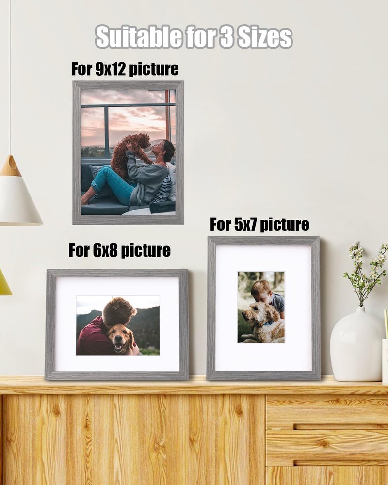 Egofine 9x12 Picture Frames Made of Solid Wood with Plexiglass  Display Pictures 5x7/6x8 with Mat or 9x12 Without Mat Set of 4 for Tabletop and Wall Mounting  Light Grey - Image 4