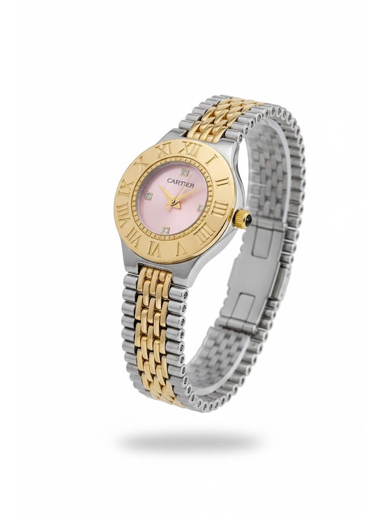 Cartier Women’s Two-Tone Stainless Steel Watch with Pink Dial and Roman Numeral Bezel