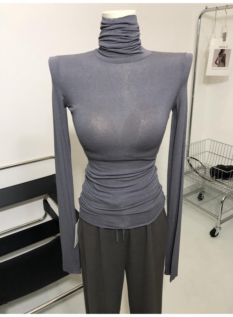 Match hao unique child ~ thin soft high collar micro-transparent long sleeve T-shirt pile collar base shirt jacket Carbon ash 