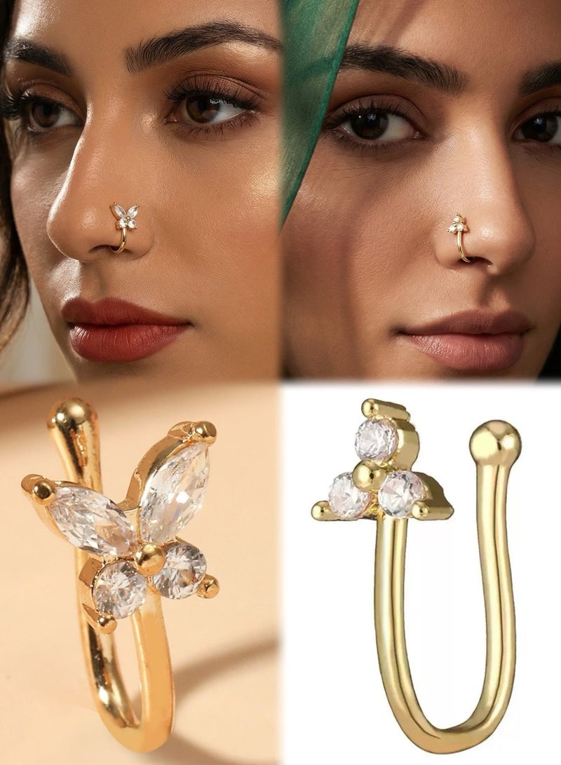 AuliceVerse 2-Piece Clip-On Nose Ring cuff Set - Stainless Steel U-Shaped Butterfly Zircon-Embedded Non-Piercing Nose Clips (Gold Plated) - Image 1