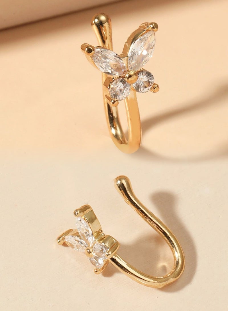 AuliceVerse 2-Piece Clip-On Nose Ring cuff Set - Stainless Steel U-Shaped Butterfly Zircon-Embedded Non-Piercing Nose Clips (Gold Plated) - Image 4