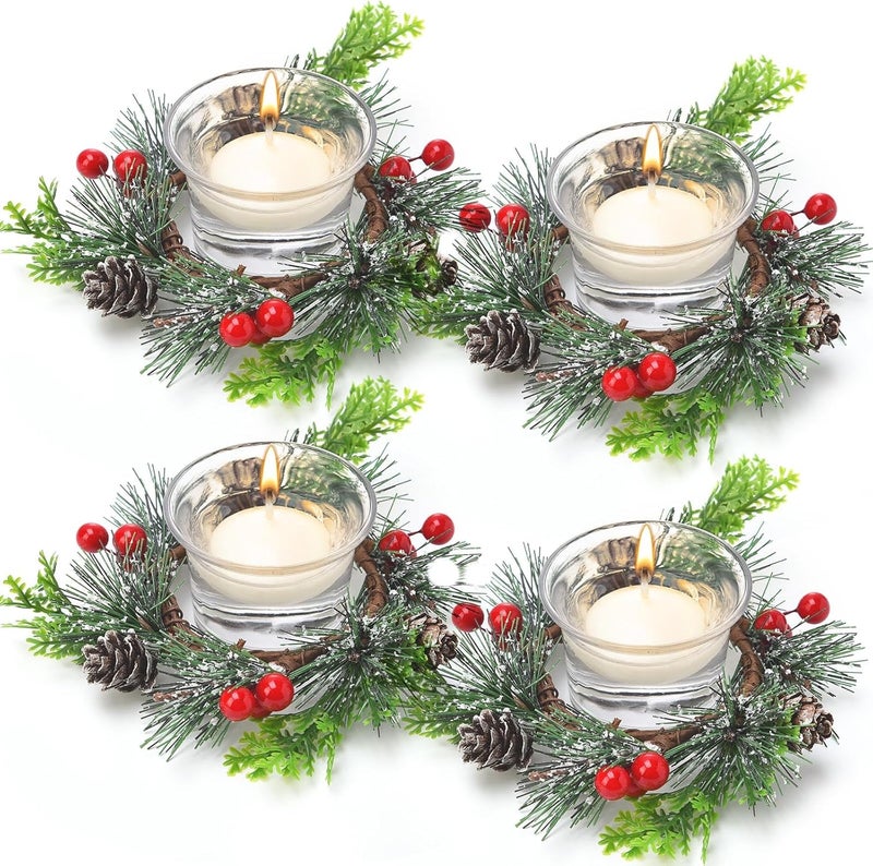 Dingion 12 Pcs Christmas Votive Candle Holder Set Xmas Table Centerpiece with Christmas Berry Candle Ring Decorative Glass Tealight Holder for Wedding Christian Church Xmas Holiday Table Decoration - Image 1
