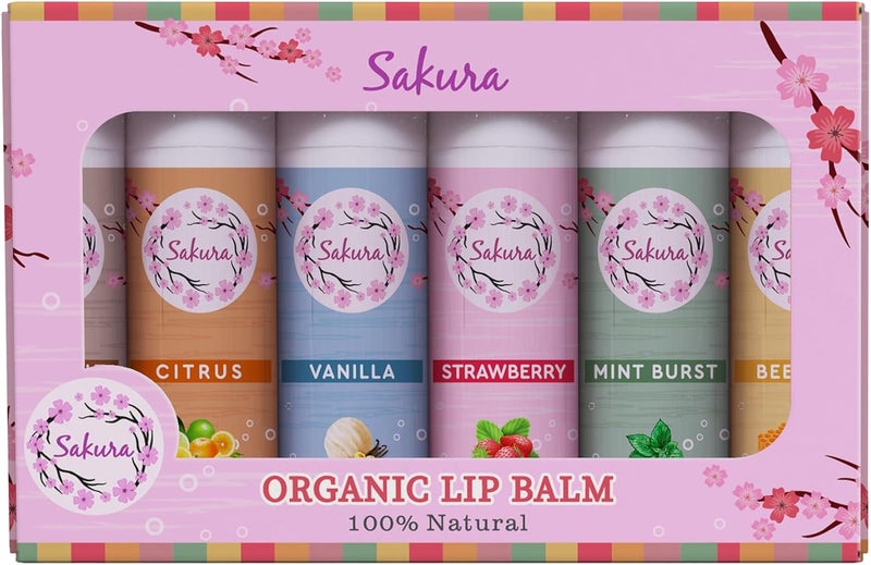 Sakura Organic Lip Balm Set 100 Natural 6 Flavours Strawberry Citrus Vanilla Mint Burst Beeswax and Coconut