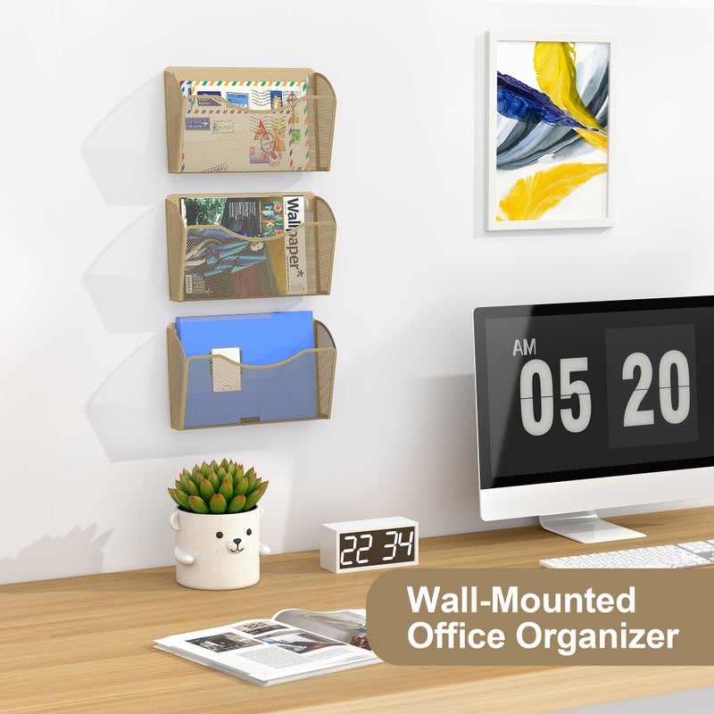 EasyPAG Single Pocket Wall File Organizer, Mesh Hanging File Folder Organizer for Letter/A4 Size Folders, Wall Mounted Vertical Mail Holder for Paperwork, Office, Home, School, Gold - Image 3