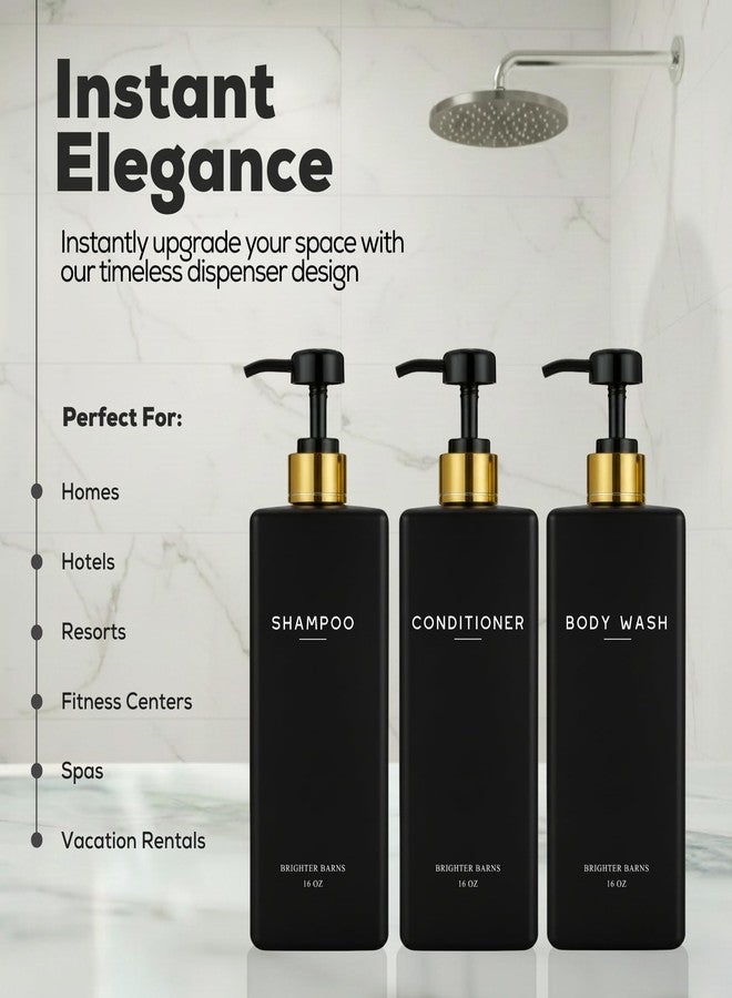 Brighter Barns Black Shampoo and Conditioner Dispenser Set by Brighter Barns - Body Wash and Shower Soap Dispenser - Refillable Shampoo and Conditioner Bottles for Gold Bathroom Decor, Guest Bathroom, Airbnb (Black) - Image 2